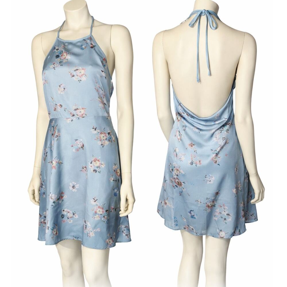 Cotton Candy LA Satin Slip Halter Dress Blue Floral Open Back Empire Waist Large